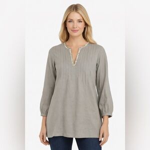 Spense Gray Linen Tunic Top XL Beaded V-Neck Pintuck Long Sleeve Minimalist